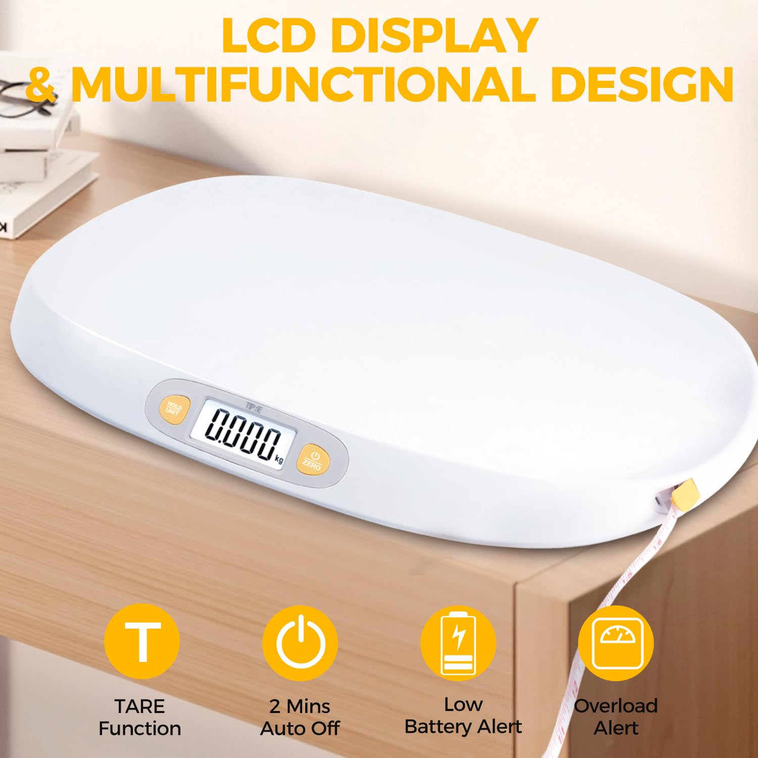Tipre scale's bright backlit LCD provides clear readings from any angle.
