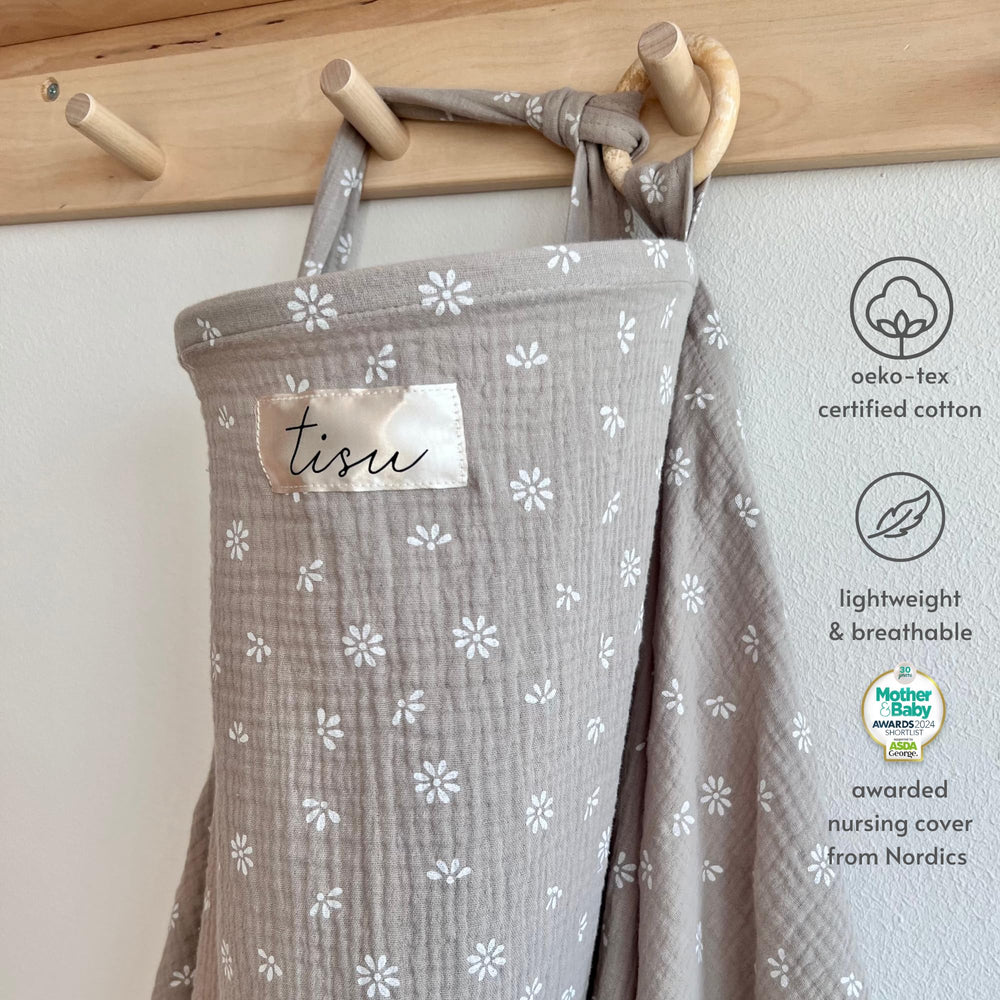 TISU Nursing Cover Beige Daisy privacy while nursing outdoors in public.
