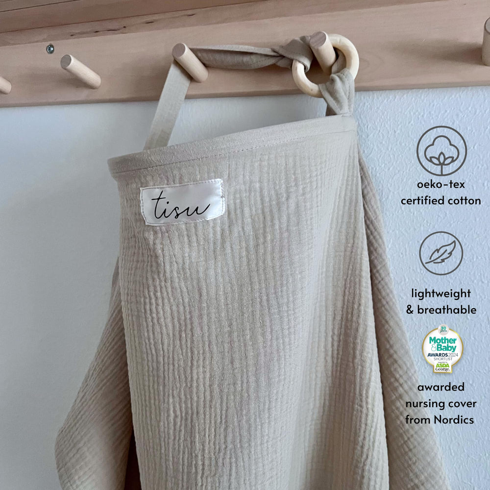 TISU oat beige nursing cover blends with outfits while offering full coverage