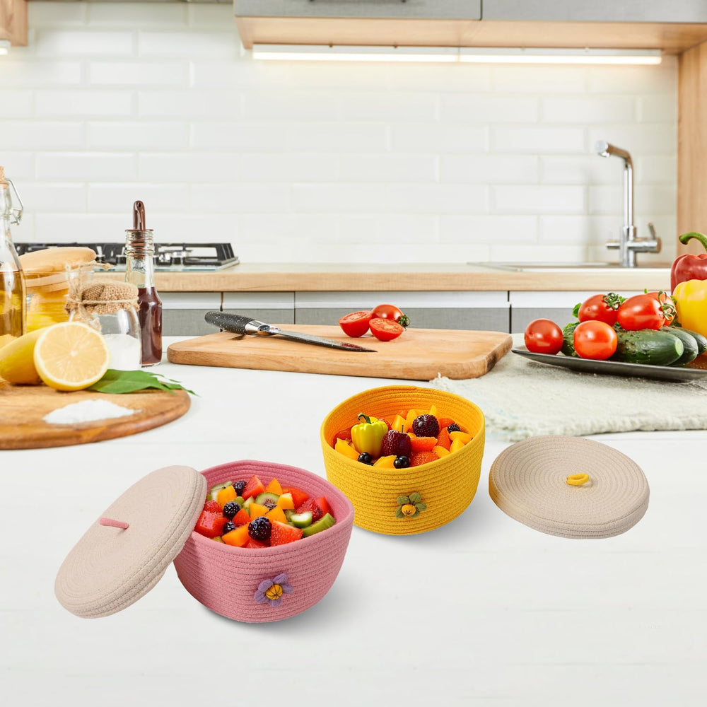 Tissting basket with handles demonstrates portable storage for daily bathroom or kitchen use.