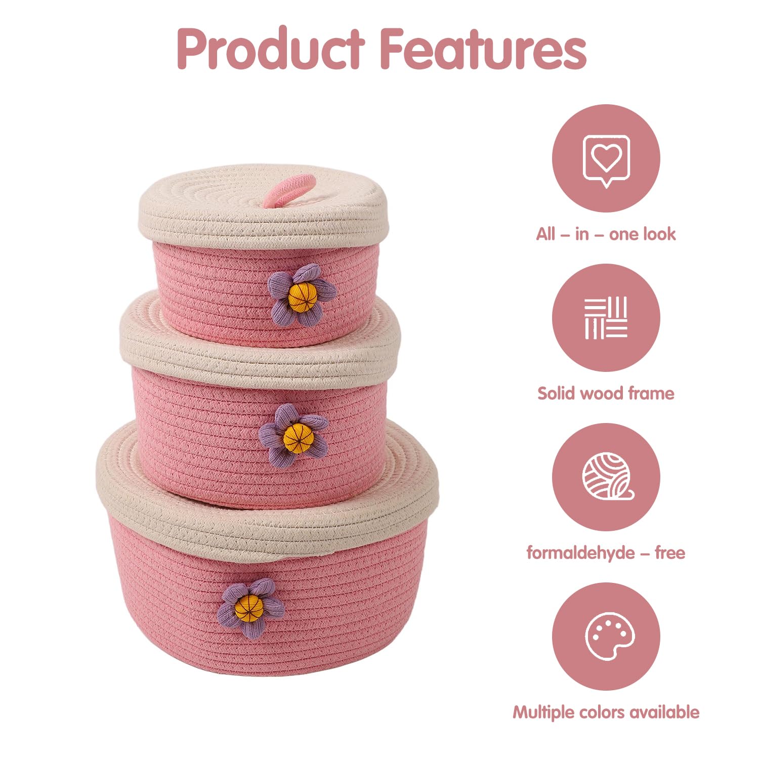Tissting lid-on round basket demonstrates stackable storage when not in use.