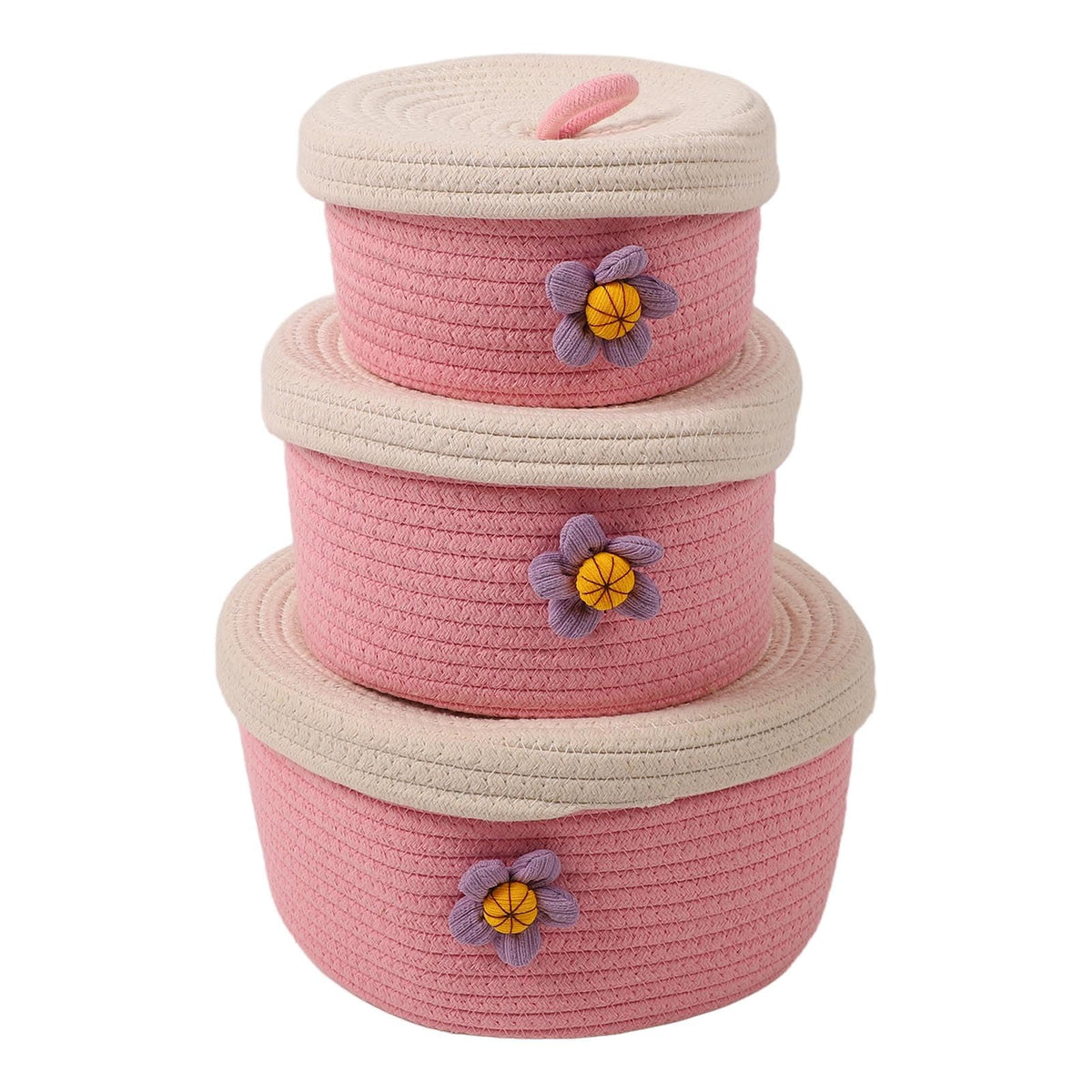 Tissting round storage baskets with lids in pink, perfect for toy storage and stylish organization.
