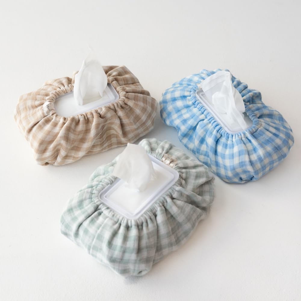 TISU baby wipes cover in gingham blue with universal fit and elastic grip.