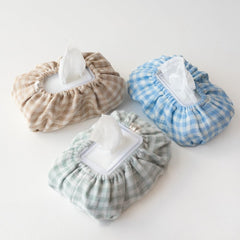 TISU baby wipes cover in gingham blue with universal fit and elastic grip.