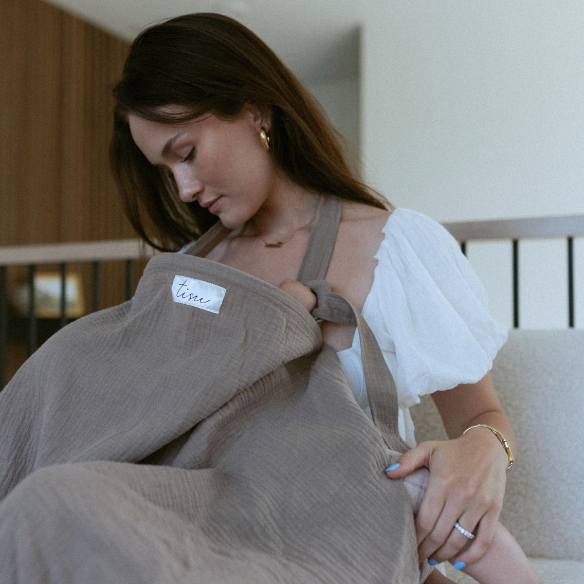 TISU nursing cover pale taupe top view for lightweight privacy while feeding