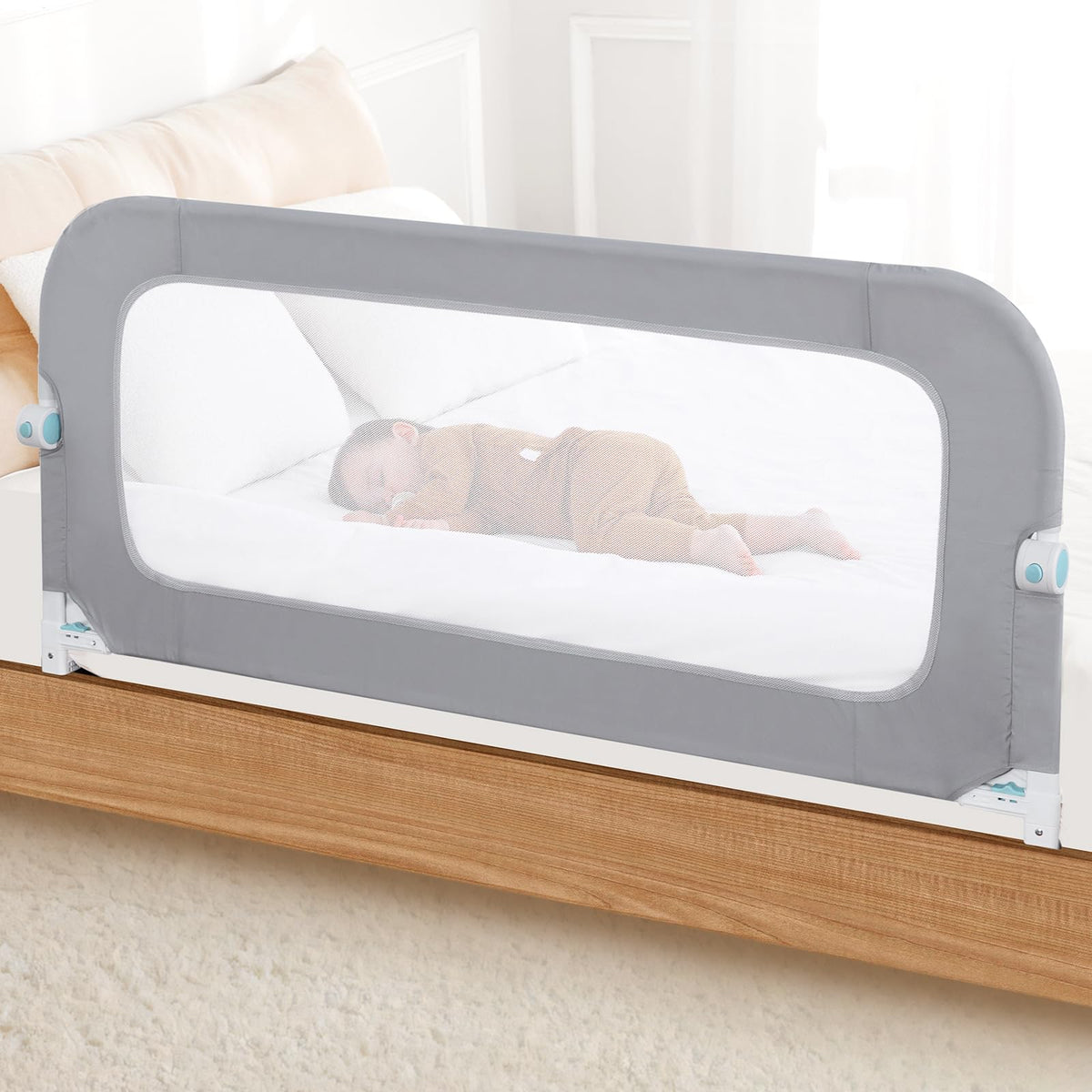 Tivellary 59-inch bed rail with adjustable height for different beds.