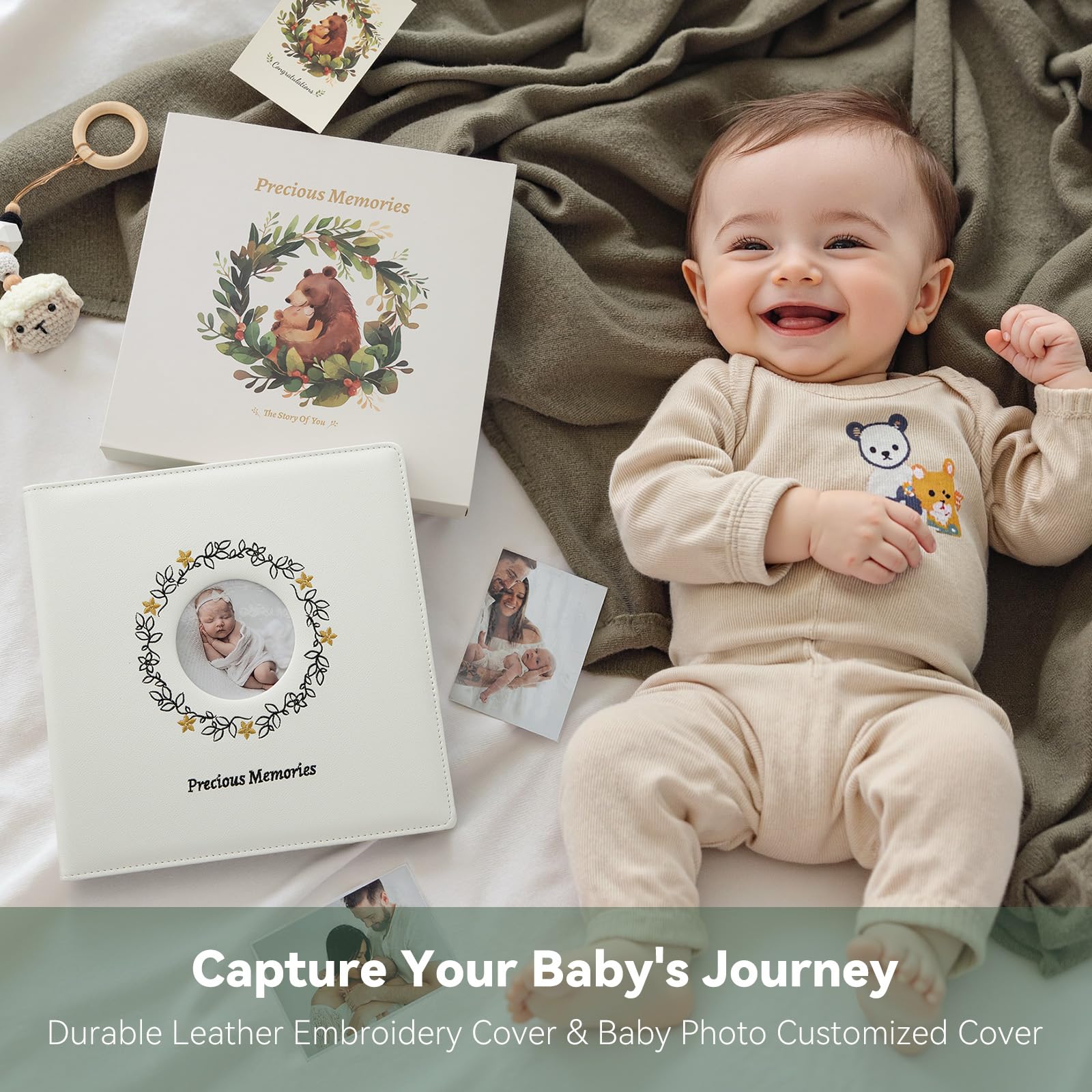 Close-up of Tivellary embroidery detail on the leather cover for a timeless keepsake