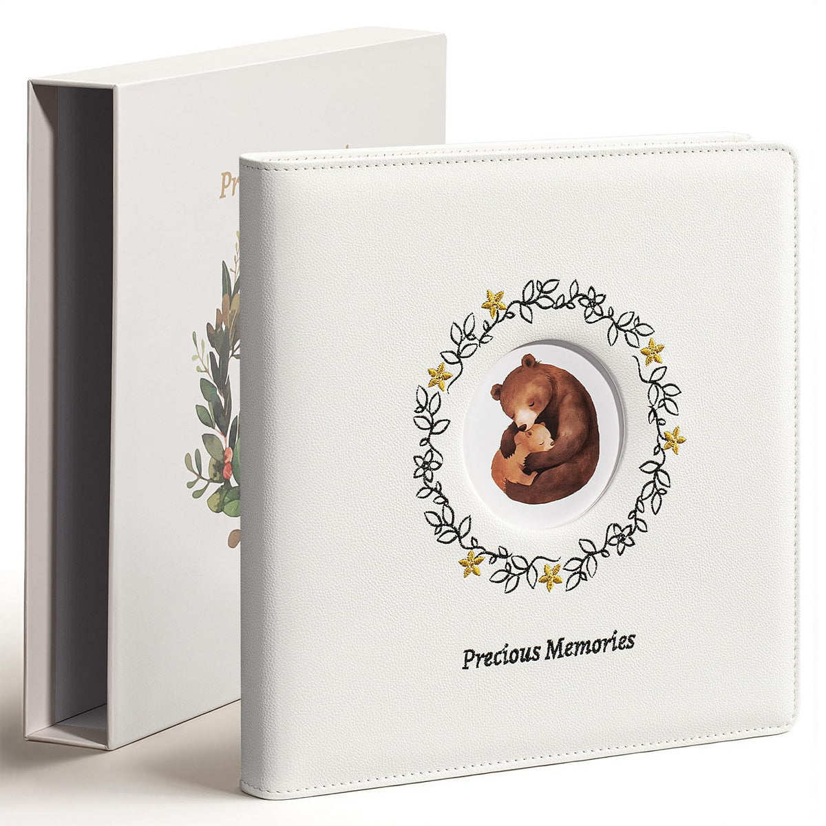 Tivellary leather embroidery baby book front cover showing forest design and premium craftsmanship