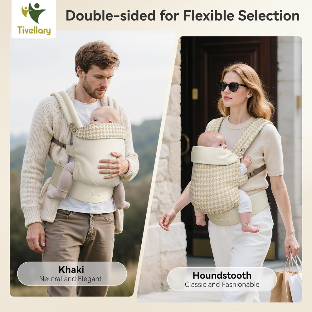 Tivellary reversible baby carrier in khaki houndstooth for stylish carry and easy outfit transitions.