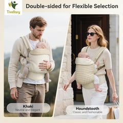 Tivellary reversible baby carrier in khaki houndstooth for stylish carry and easy outfit transitions.