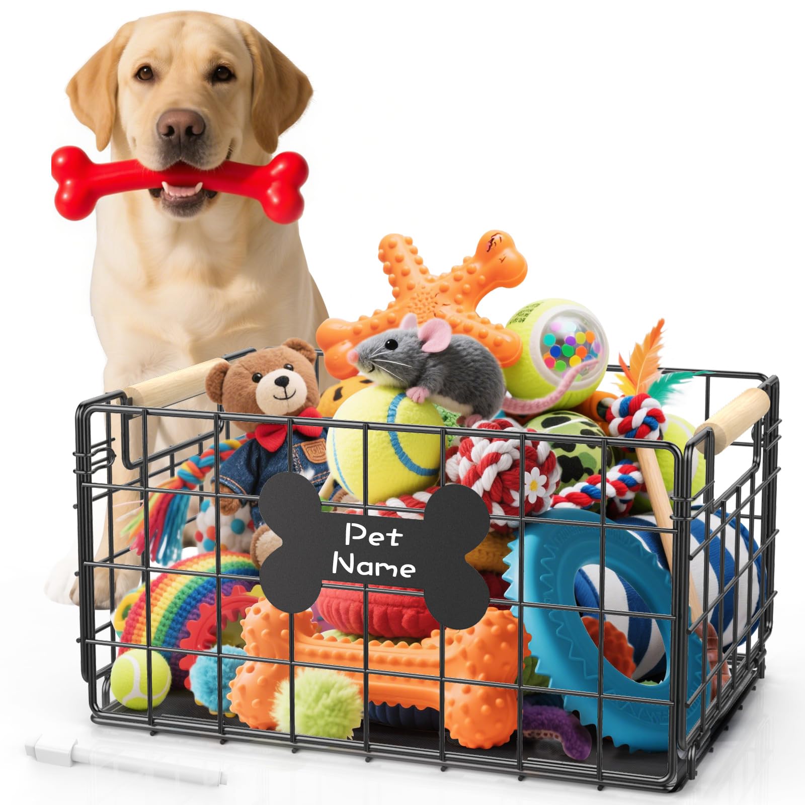 Tivray dog toy basket with chew-proof metal frame and handles for easy transport.
