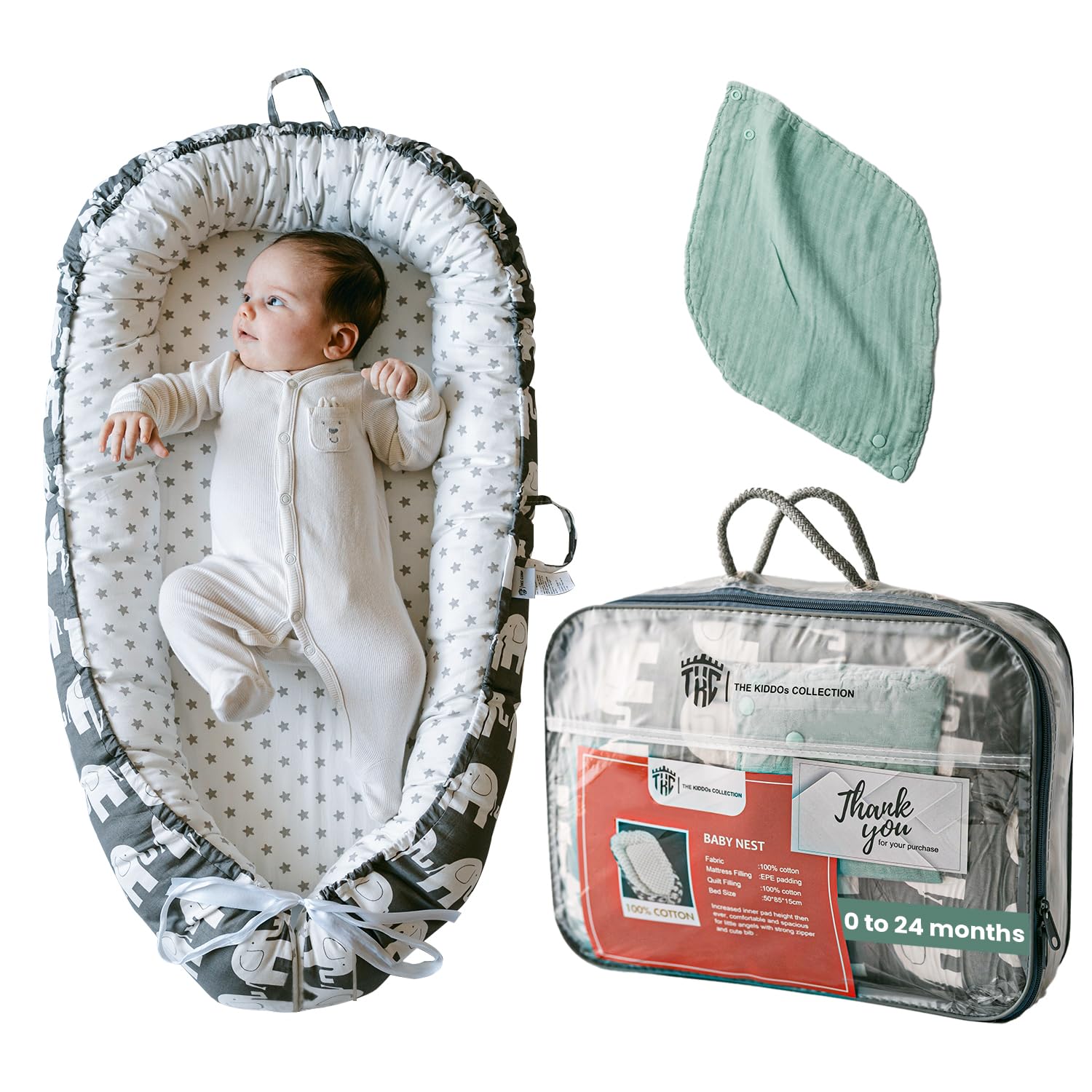 THE KIDDOs COLLECTION TKC Baby Lounger front view with adjustable cord for a custom fit.