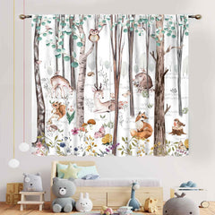 TKUYO watercolor forest curtains provide soft texture and a cozy playroom atmosphere.