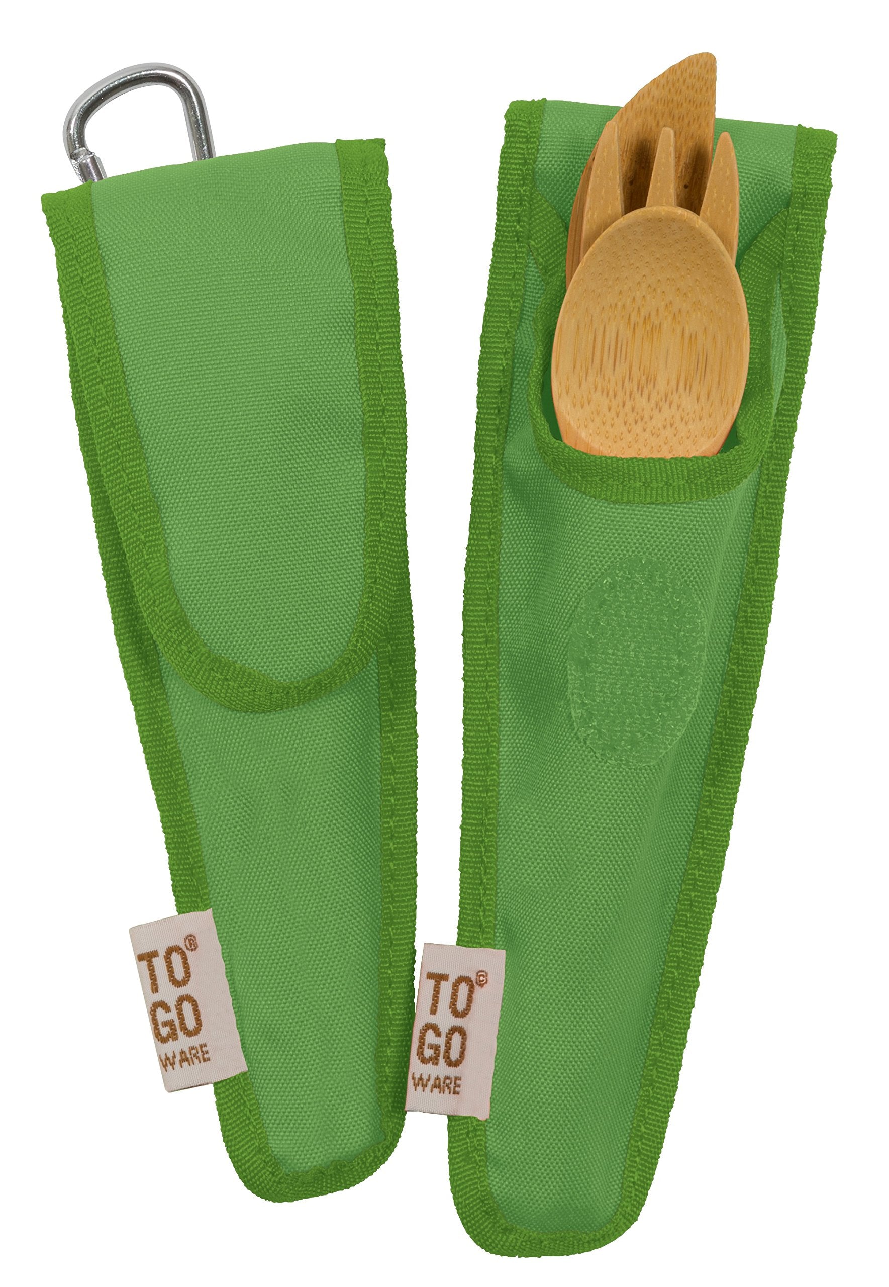 TO GO WARE Bamboo utensil carrier with clip, easy to attach to backpacks.
