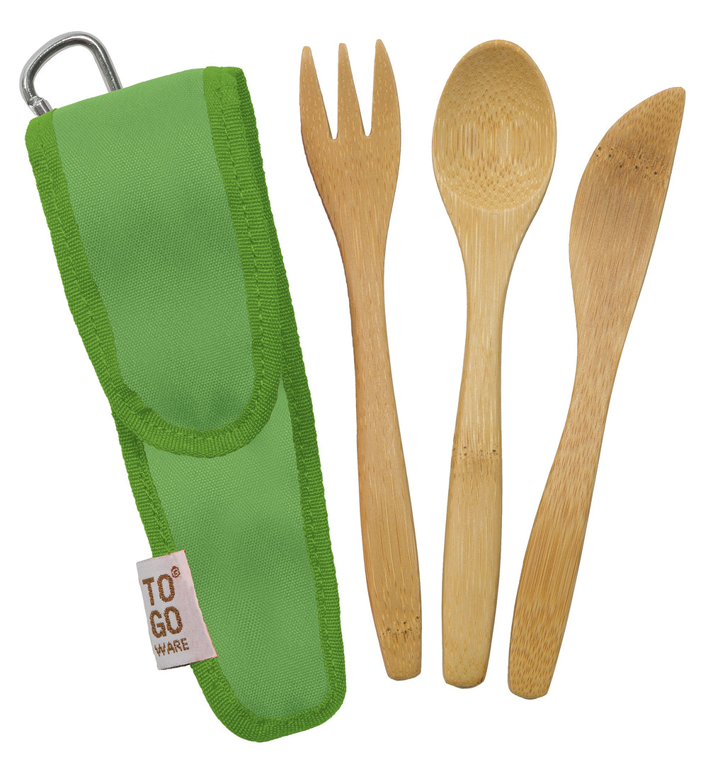 TO GO WARE Kids Bamboo Utensil Set Kiwi Green with case, durable and flavor-neutral for meals.