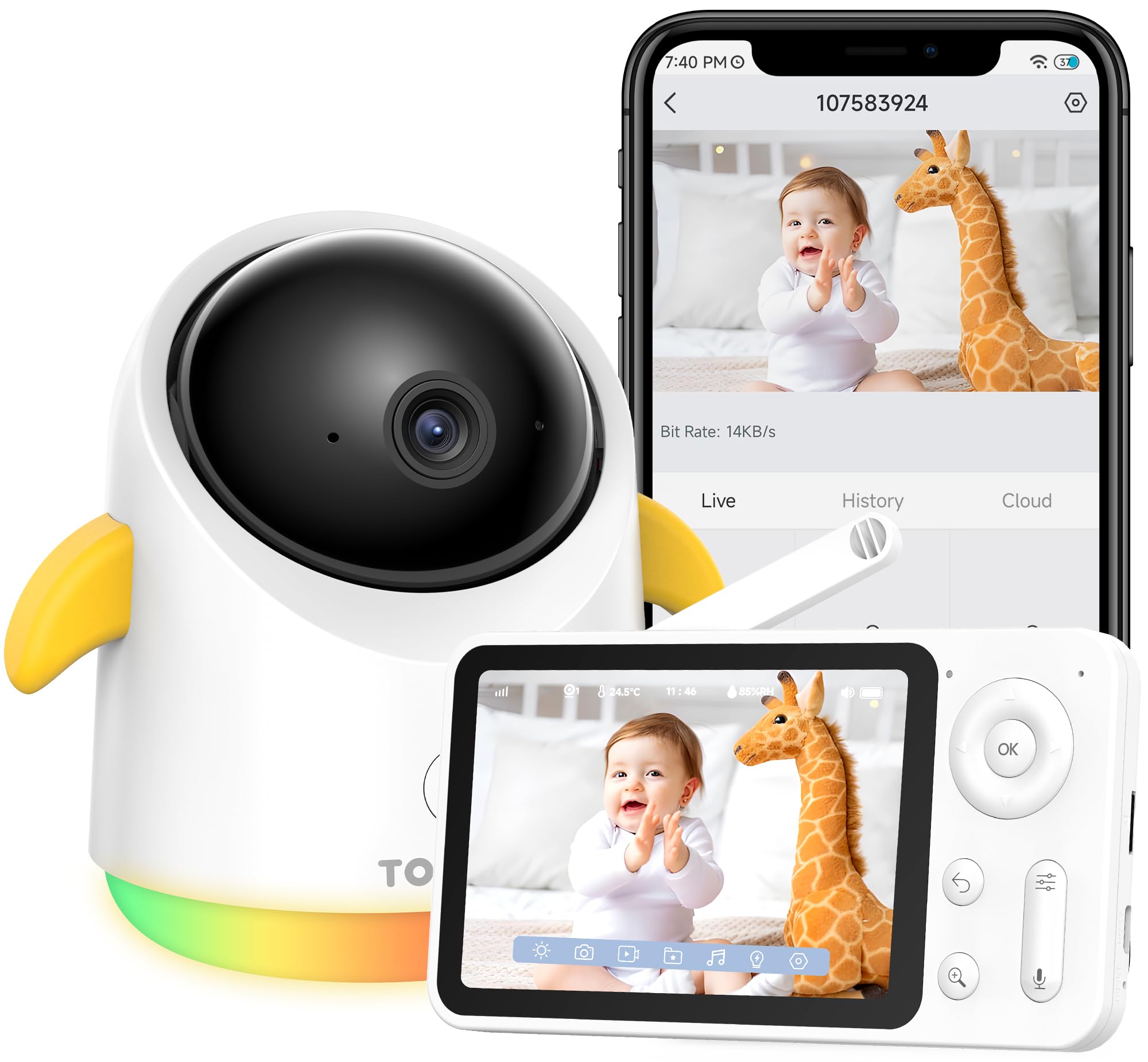 TOAIOHO baby monitor front view for reliable room surveillance.