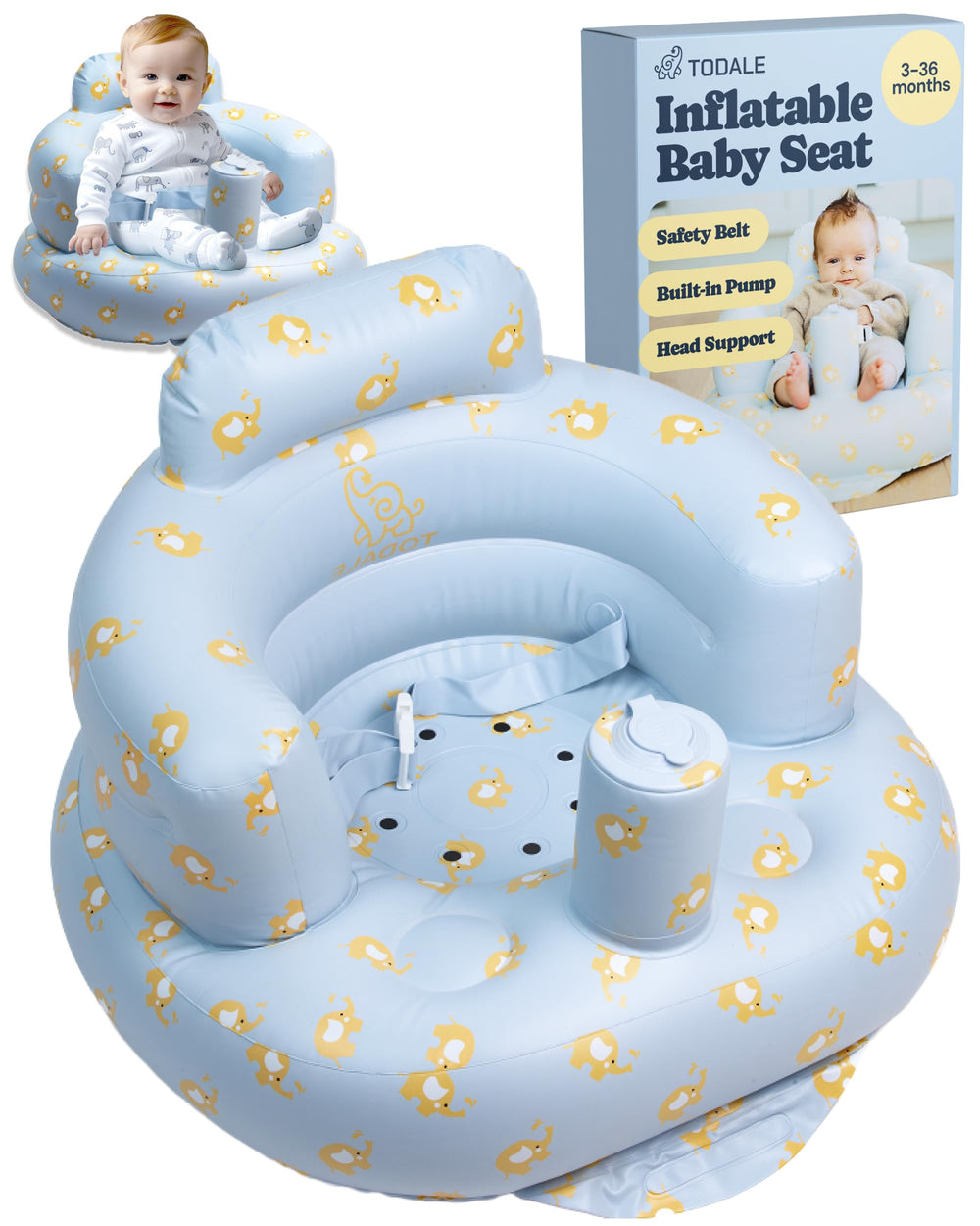 Todale inflatable baby seat with built-in pump for quick inflation.