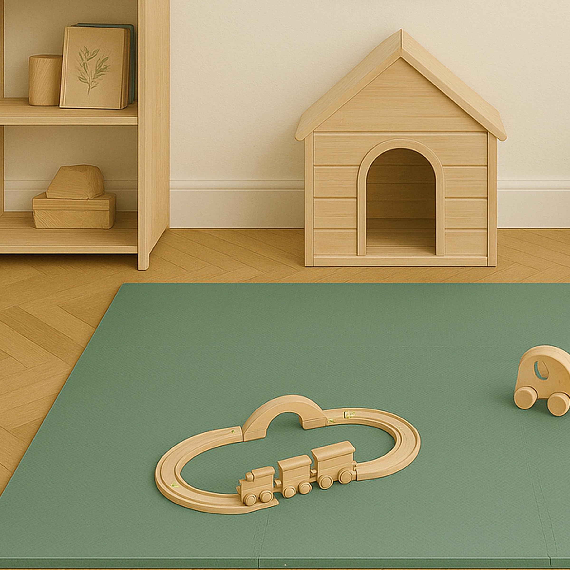 Toddlekind moss color mat enhances cozy, modern playroom.