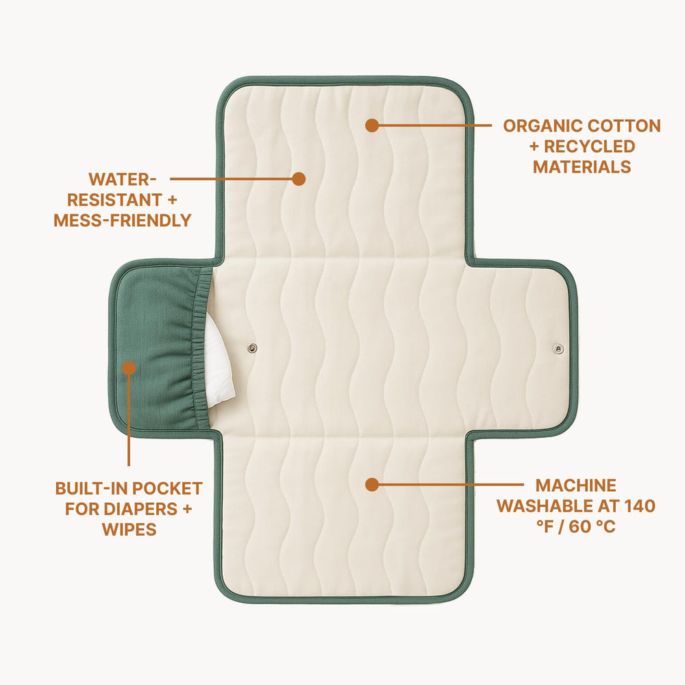 Toddlekind Mini Maven forest-green-stripes pattern adds sophisticated style to any changing moment.