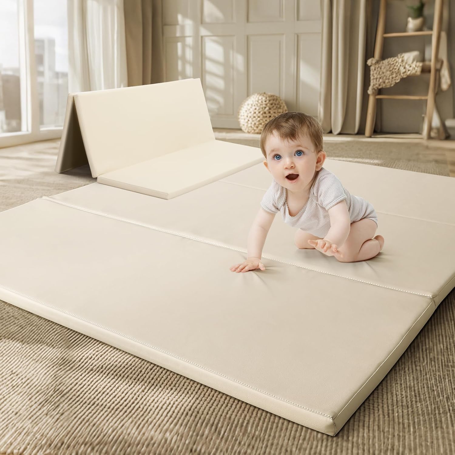 TODIBY foam play mat beige with waterproof PU top for easy cleanup.