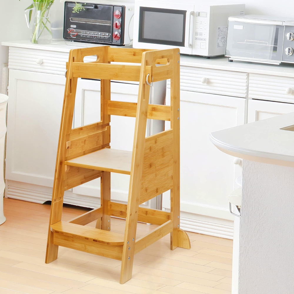TOETOL bamboo toddler step stool showing adjustable height with three levels