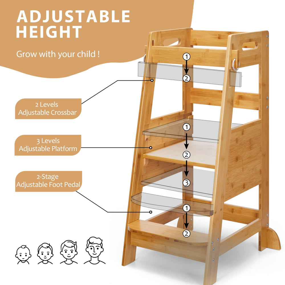 TOETOL bamboo toddler step stool includes anti-slip base for grip