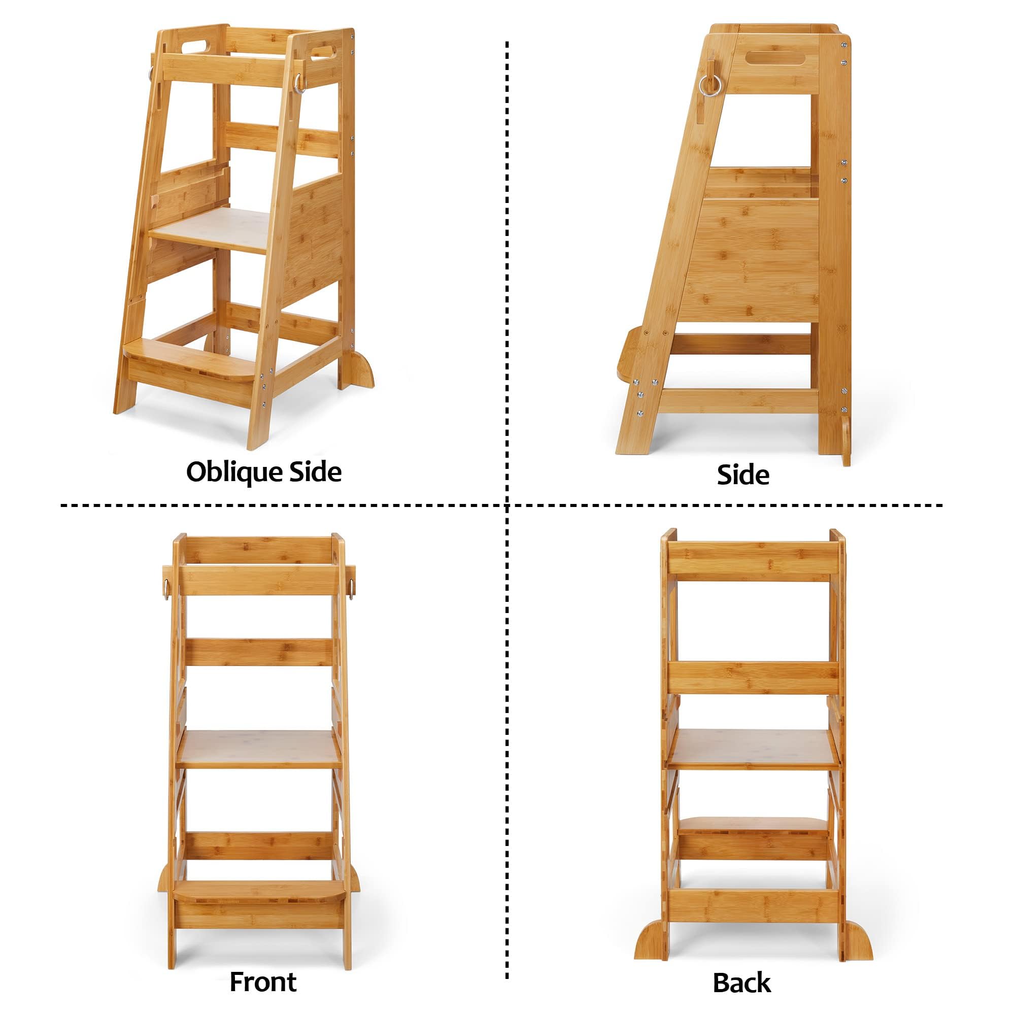 TOETOL bamboo toddler step stool with easy assembly and transport handle