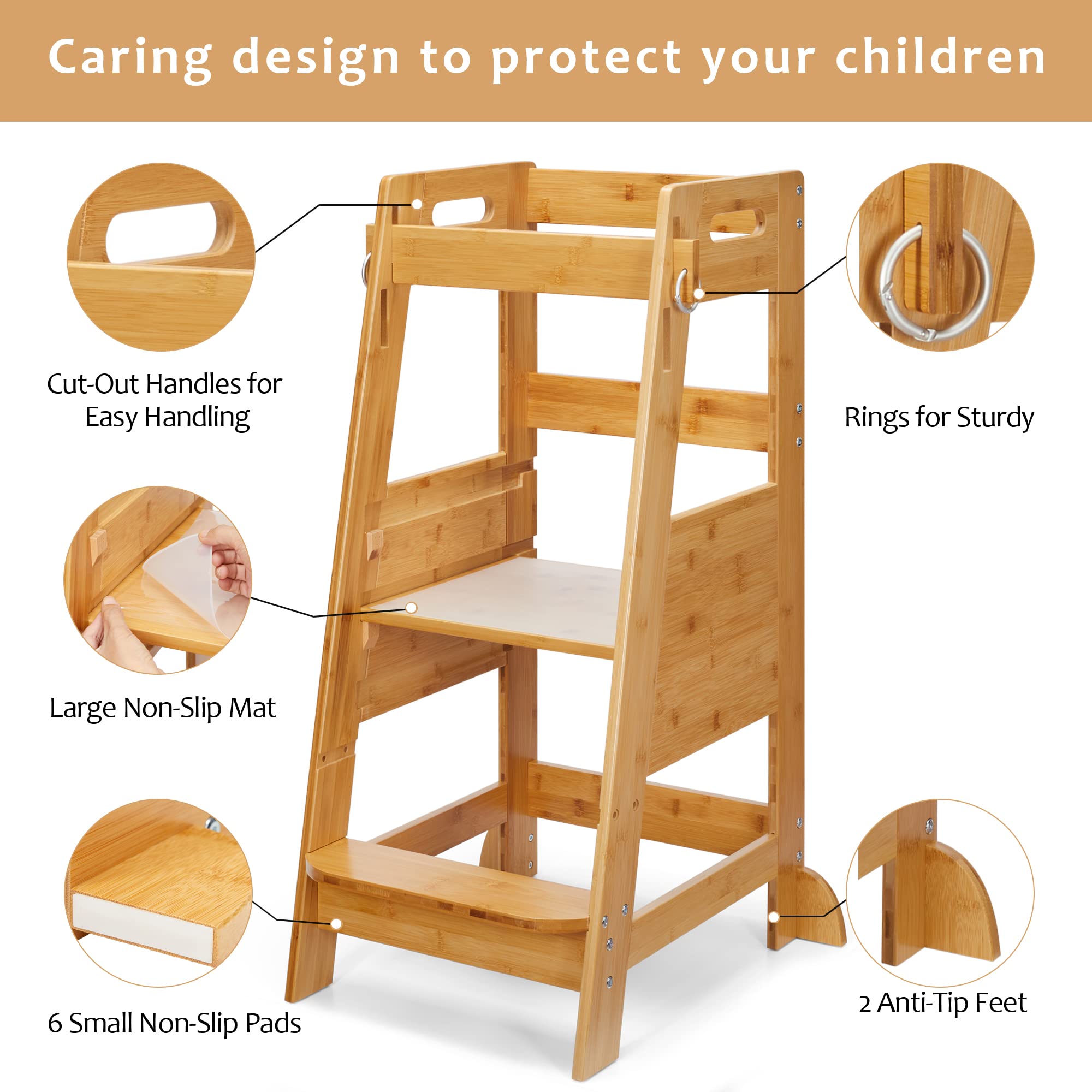 TOETOL bamboo toddler step stool displaying foot pedal with two stages