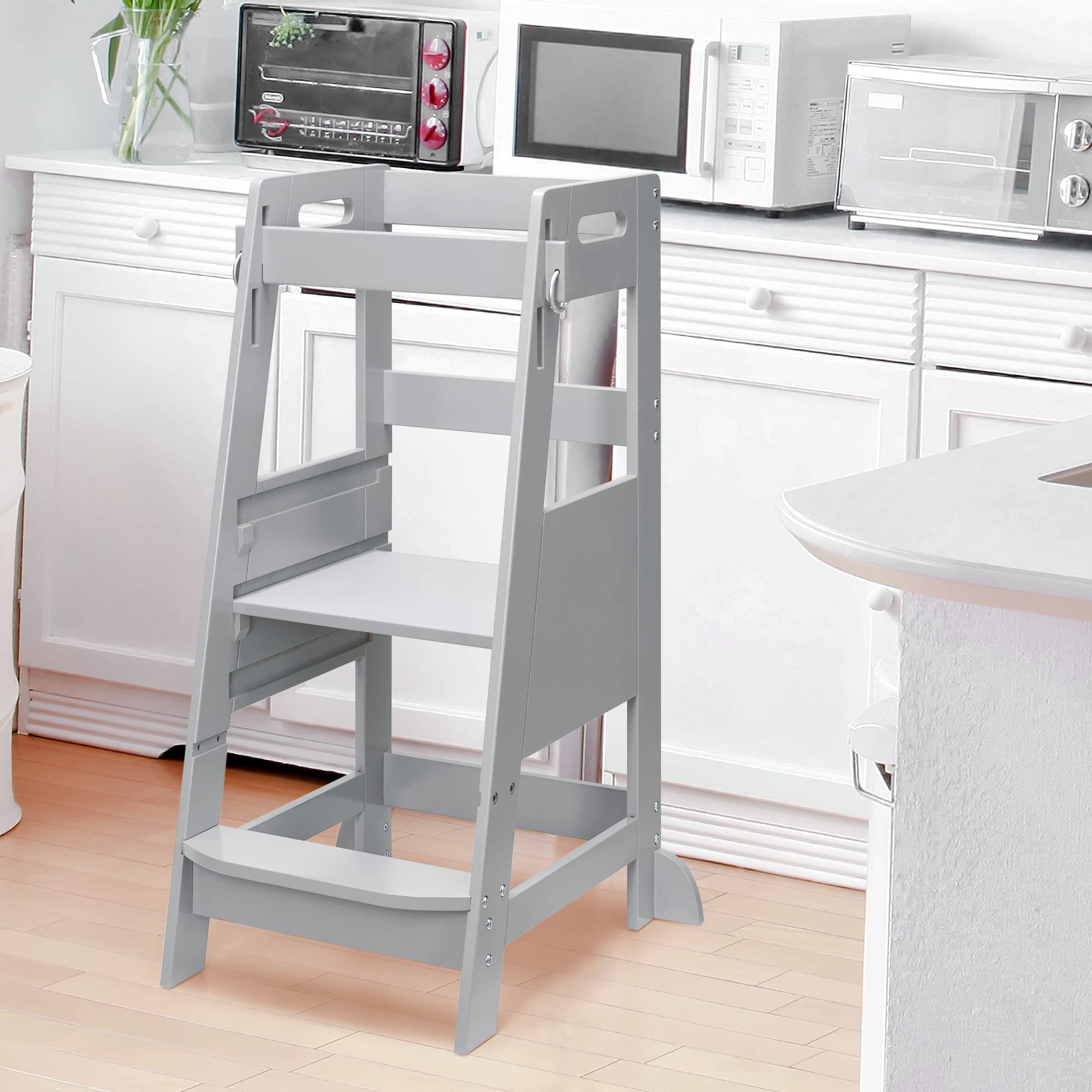 TOETOL Bamboo Toddler Step Stool with rails provides secure support during climbs