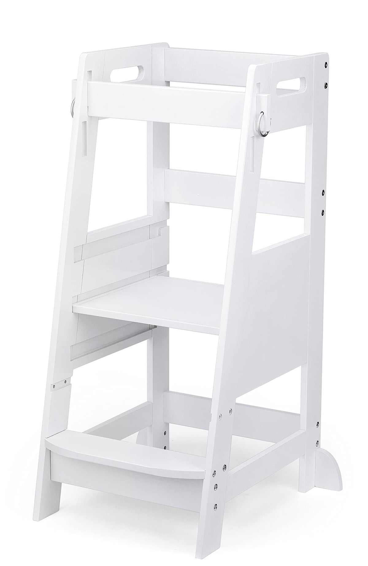 TOETOL Bamboo Toddler Step Stool in white with safe handrails for kitchen tasks