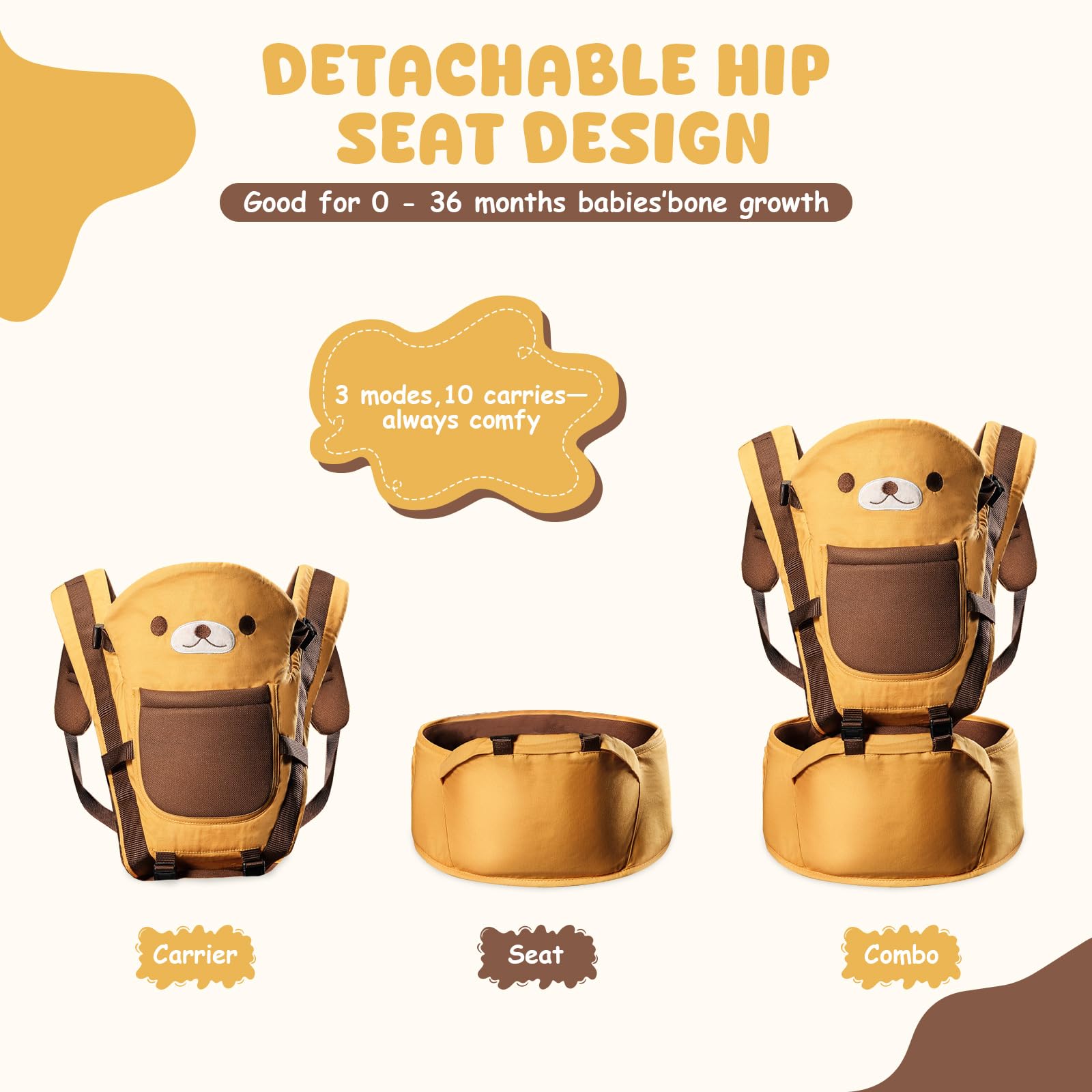 TOFFCAEA hip-carry mode illustrating compact travel with baby