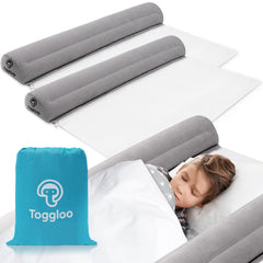 Toggloo 2-pack inflatable bed rails under sheet for secure toddler sleep.