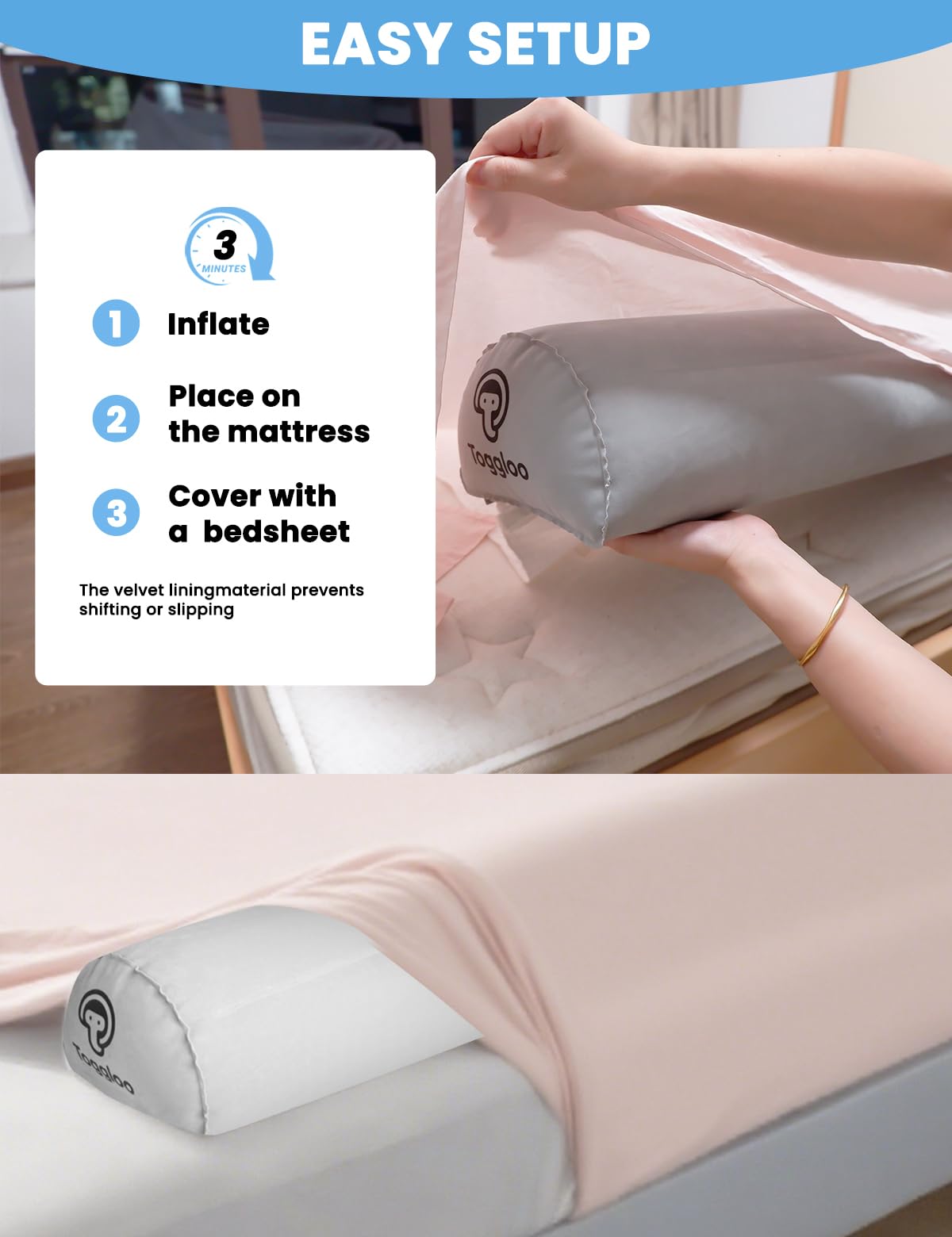 Toggloo puncture-resistant PVC rail is durable for daily use on big beds.