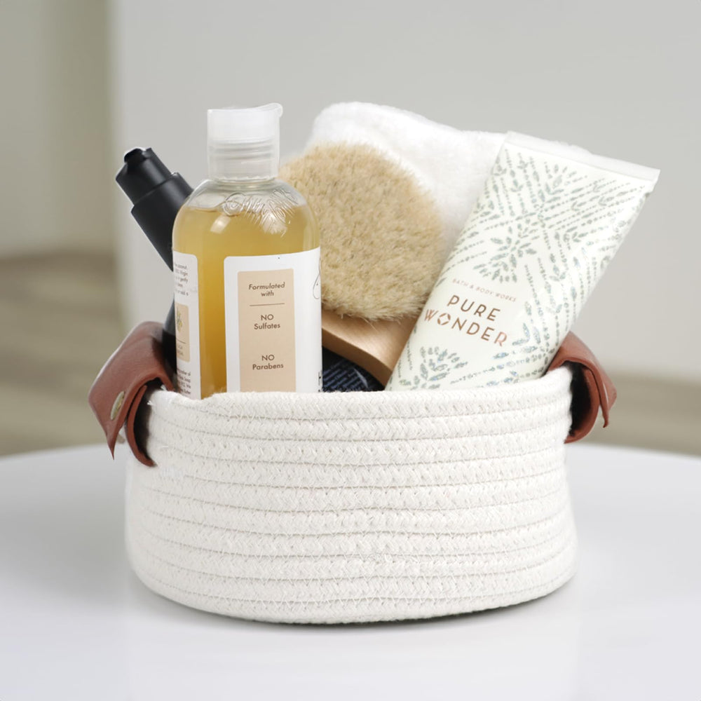 Togous basket used for remotes, keys, and cables.
