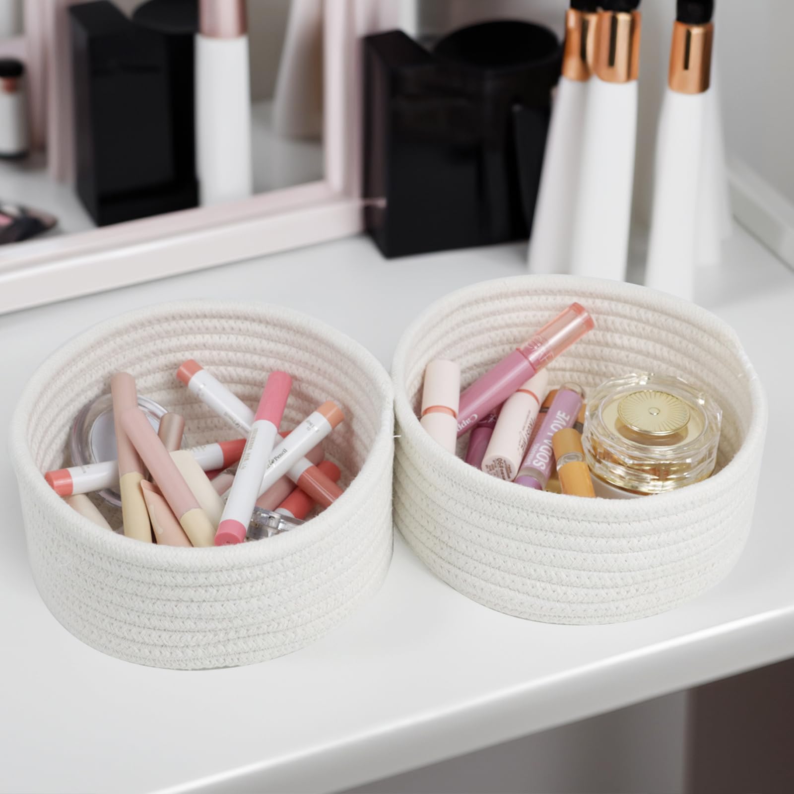 Togous small basket on bathroom shelf for toiletries.