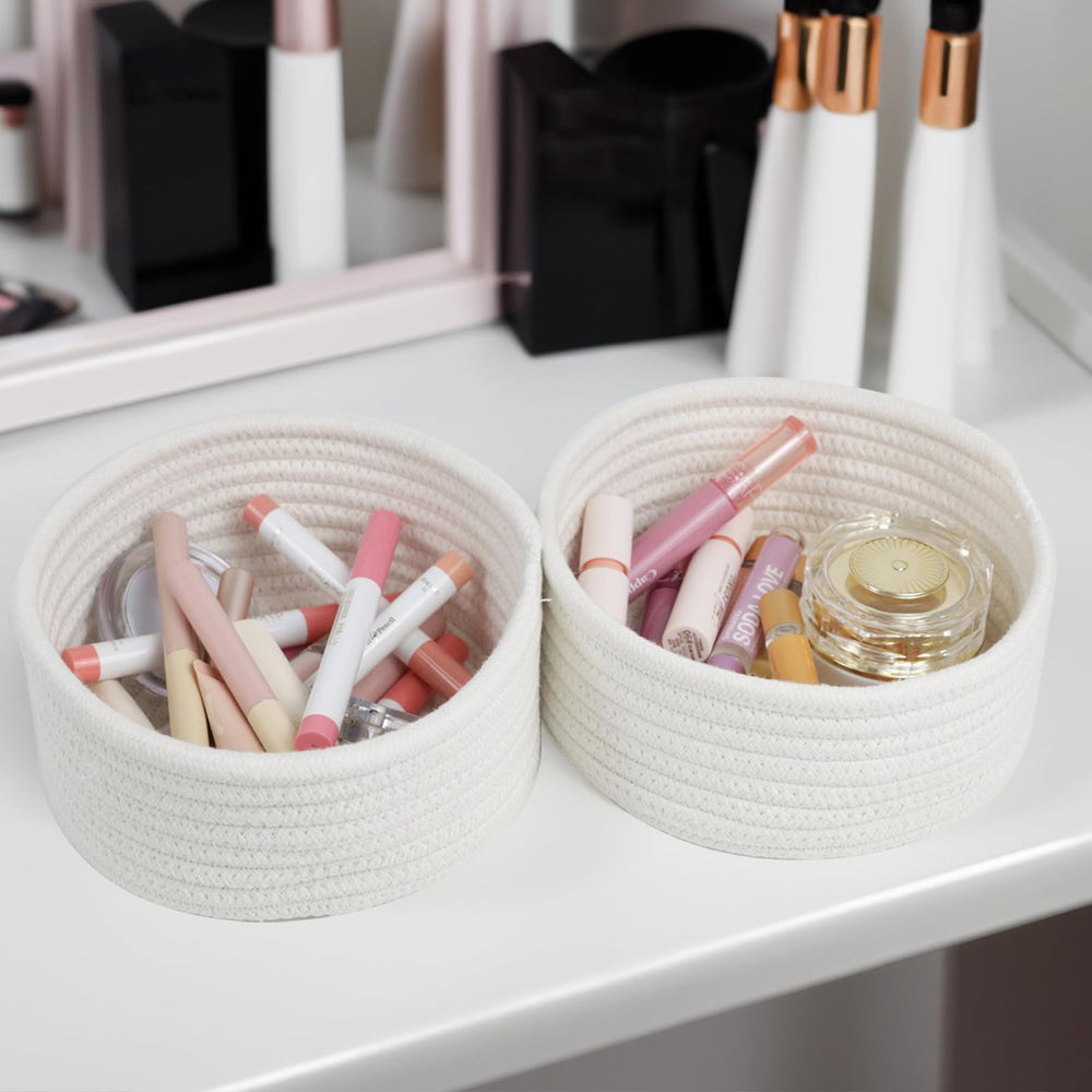 Togous small basket on bathroom shelf for toiletries.