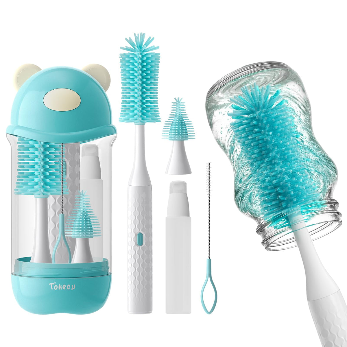 Tohecu electric bottle brush cleaner with bear shape speeds up bottle cleaning.