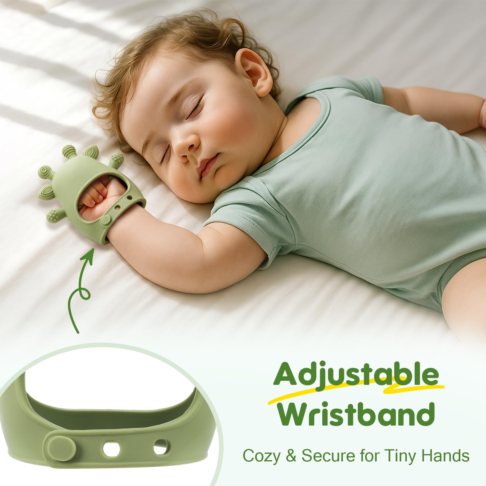 TOHIBEE adjustable fit teether secures on baby's hand