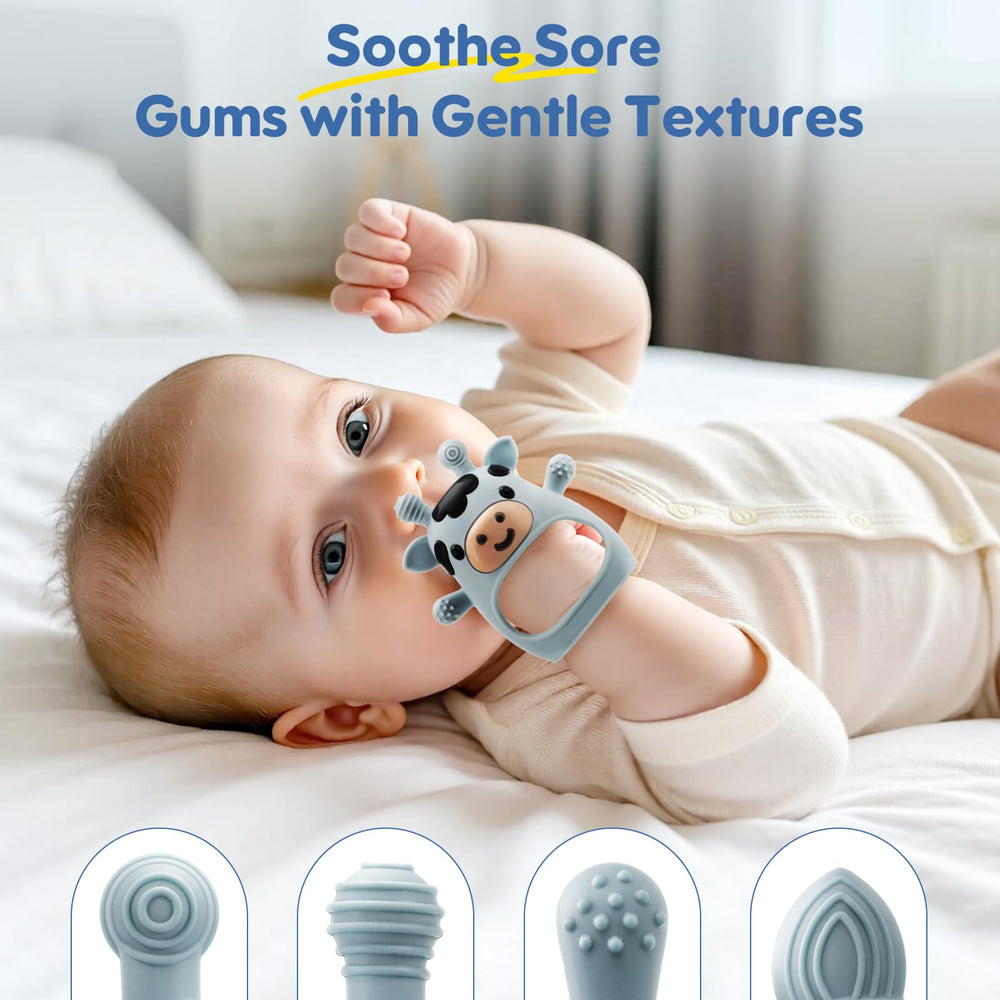 TOHIBEE cow-design teether textures promote sensory play.