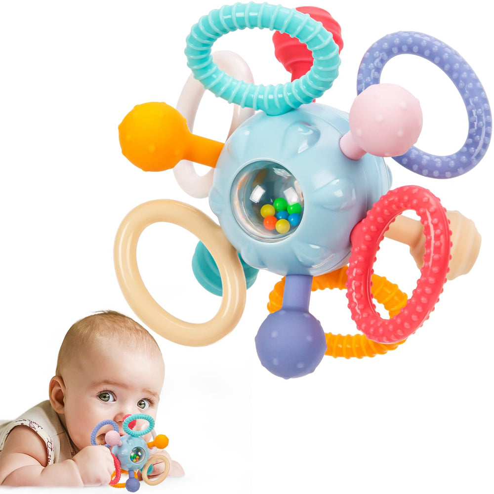 TOHIBEE Montessori teething toy 0-6 months with textured silicone grips supports safe chewing.