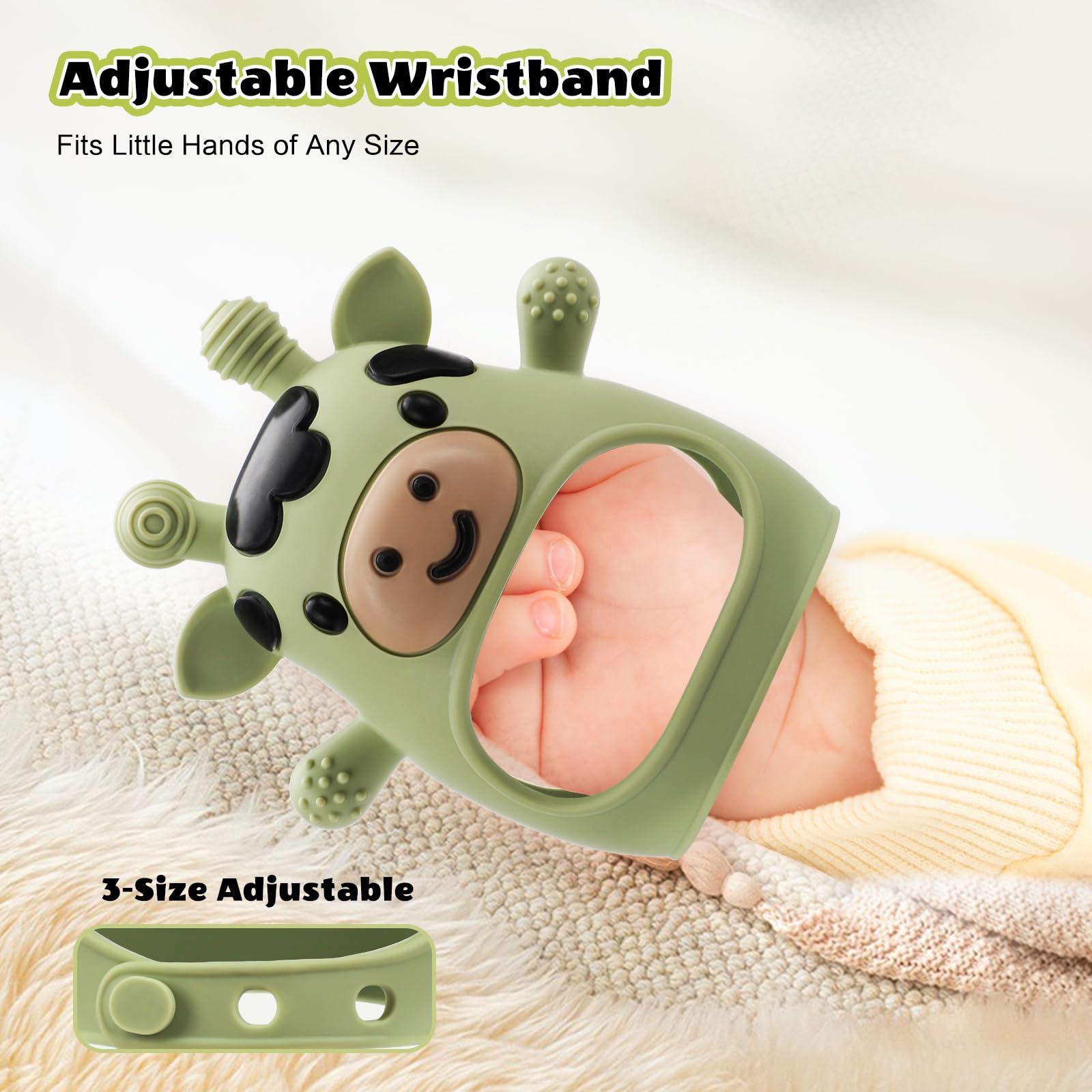 TOHIBEE teething mitten shows three-settings wristband for secure fit.