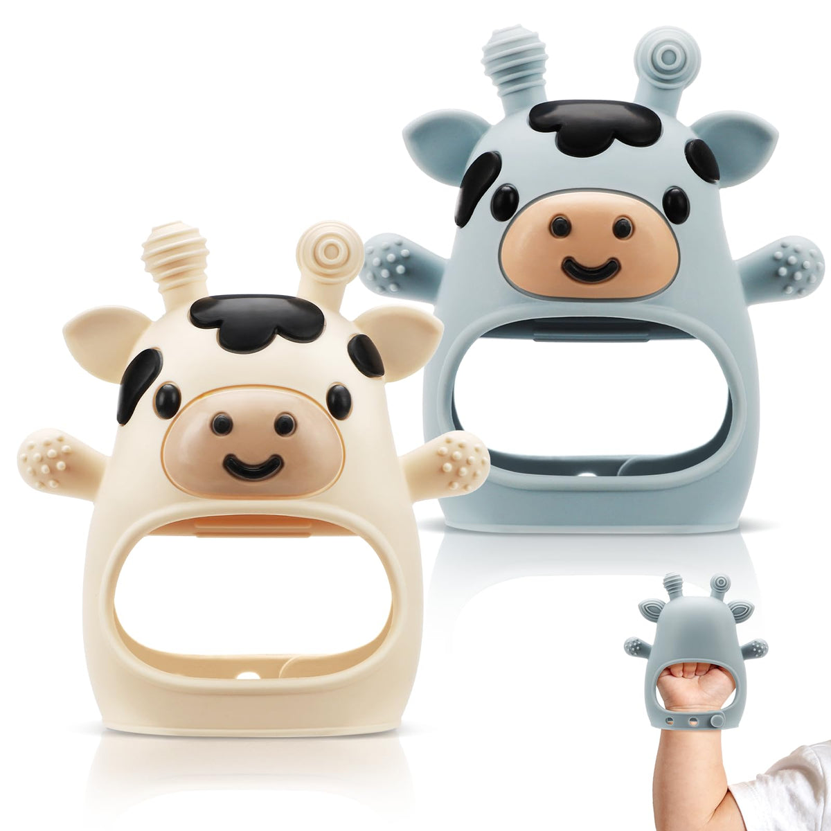 TOHIBEE teething mitten with cow design soothes teething discomfort.