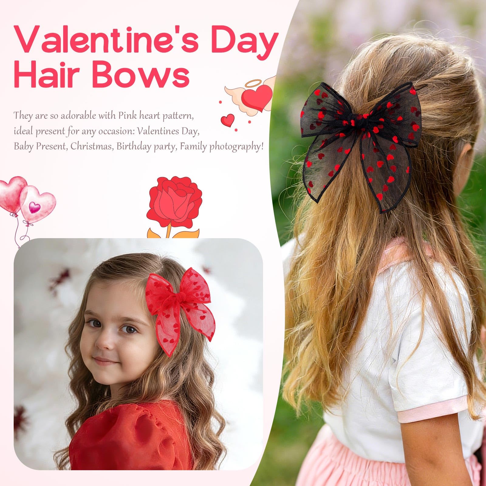 TOKUFAGU Valentine hair bow closeup highlighting stitching and heart detail.