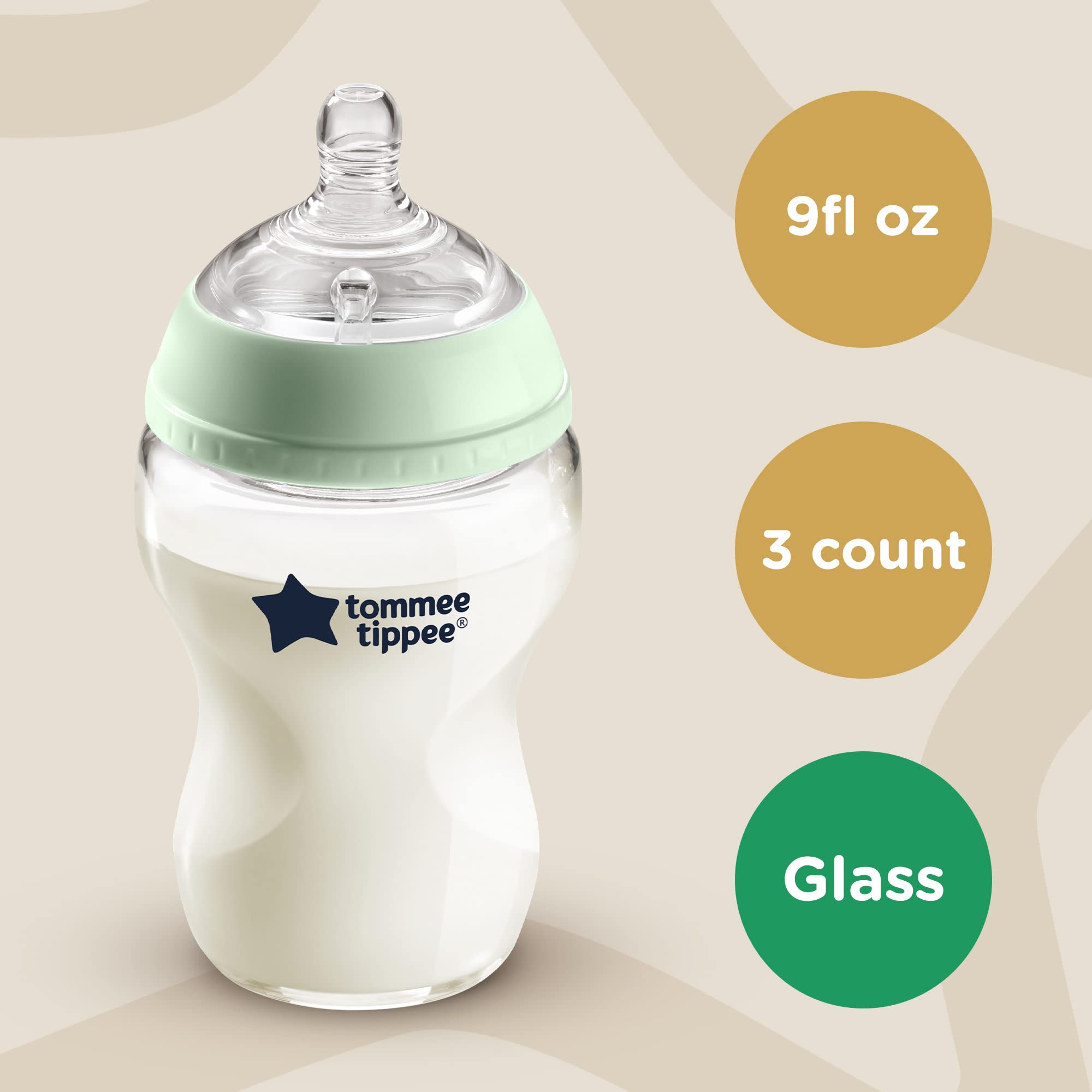 Tommee Tippee Closer to Nature glass bottle showing pure borosilicate construction