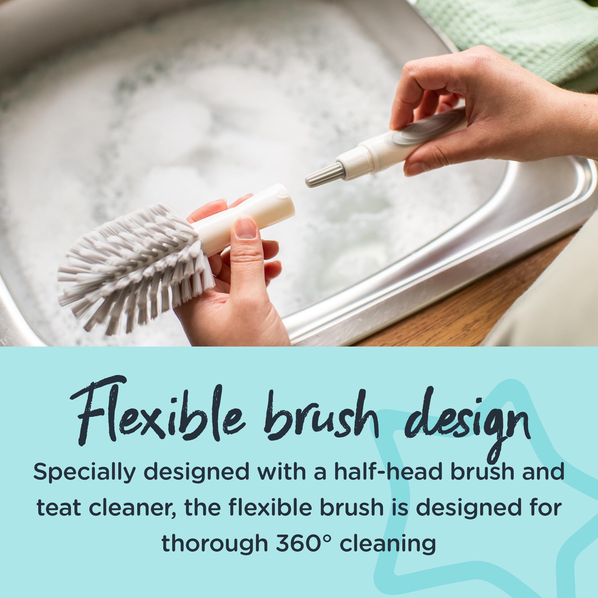Tommee Tippee Closer to Nature flexible brush head cleans hard-to-reach areas