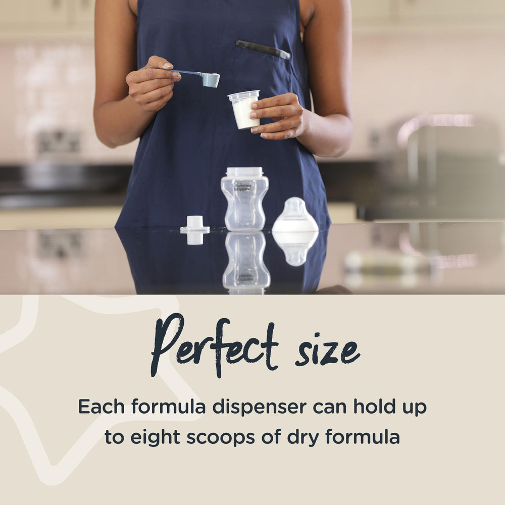 Tommee Tippee Closer To Nature dispenser stored in fridge or freezer to keep powder organized.