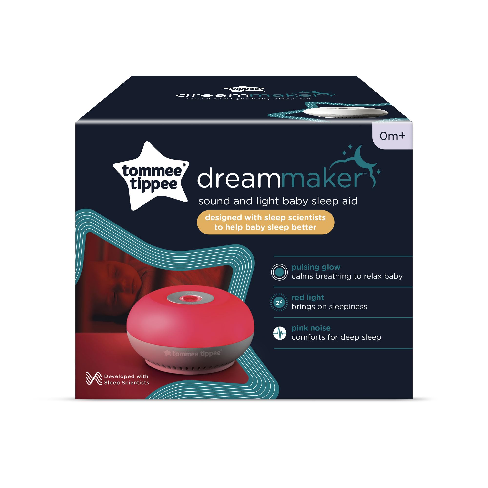 Tommee Tippee Dreammaker red-night-light glows softly to support nighttime rest.