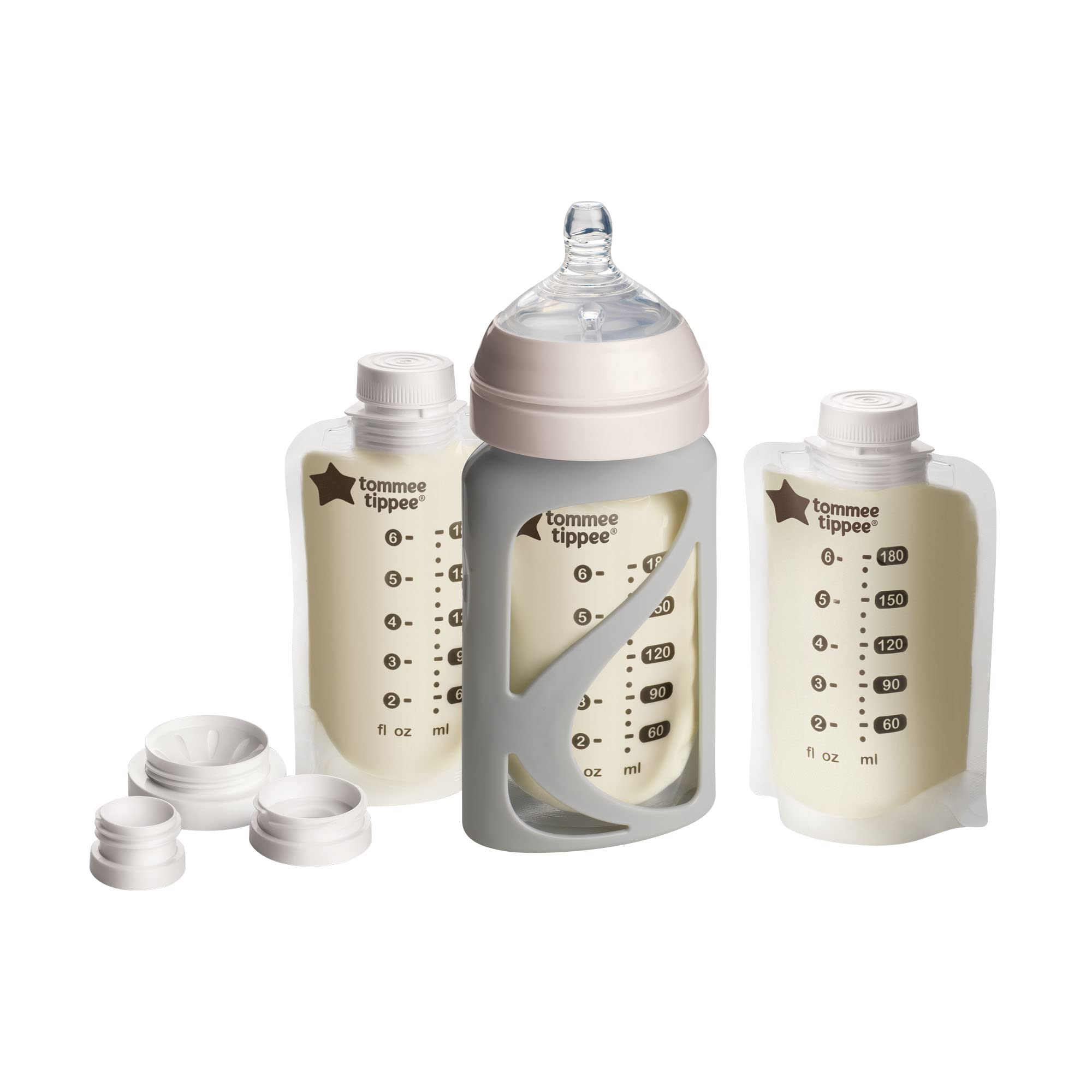 Tommee Tippee Express and Go pouch bottle holders for safe, organized milk storage.