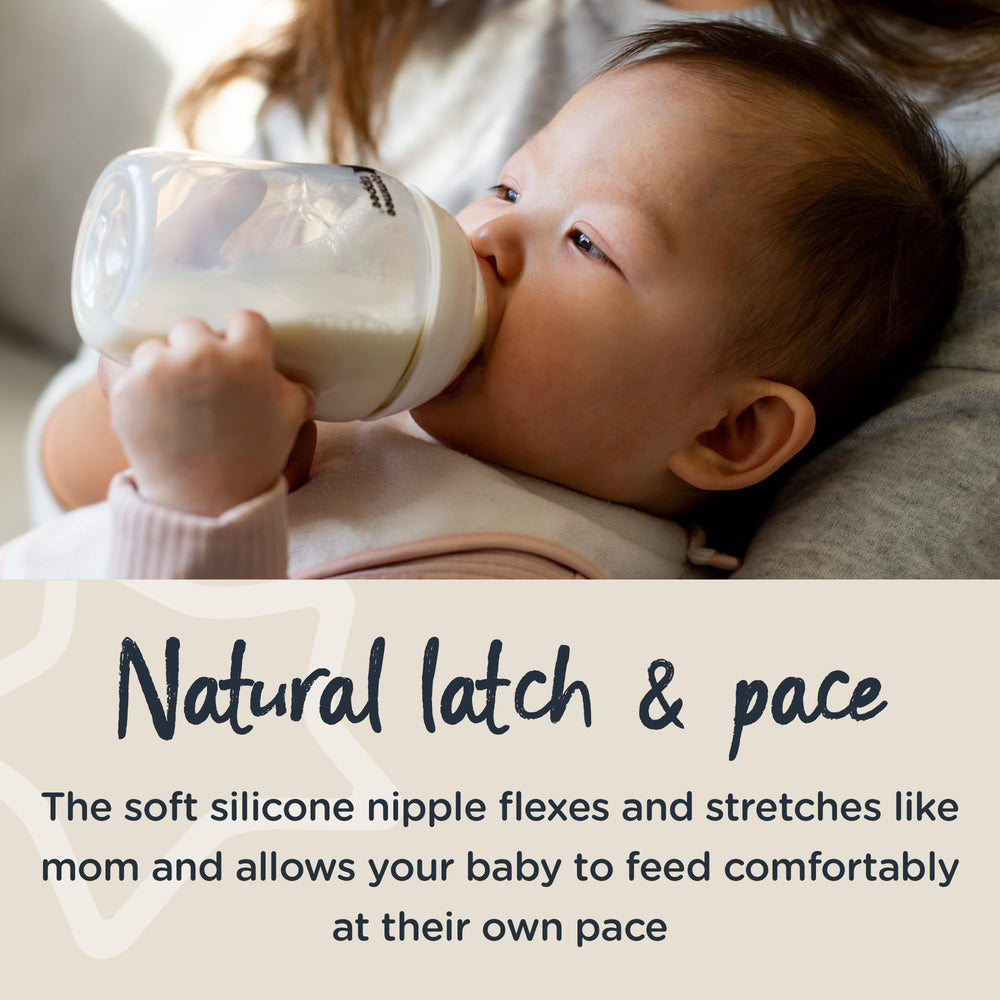Tommee Tippee silicone breast-like nipple mimics natural latch for comfortable feeding.