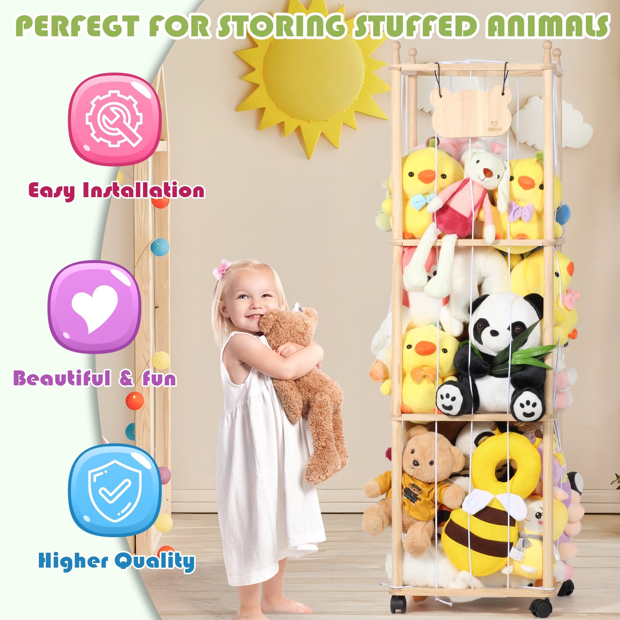 TOMSHUB elastic cord toy holder keeps plush toys accessible while saving floor space.